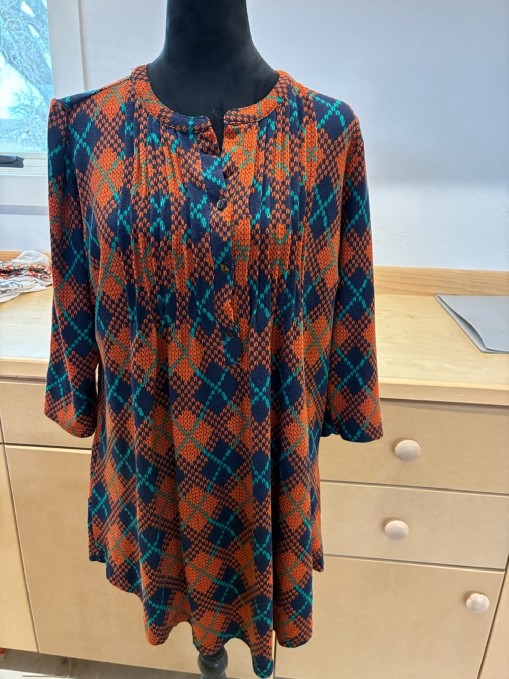 Patterned Orange & Teal Button Front Tunic Super soft cotton poly